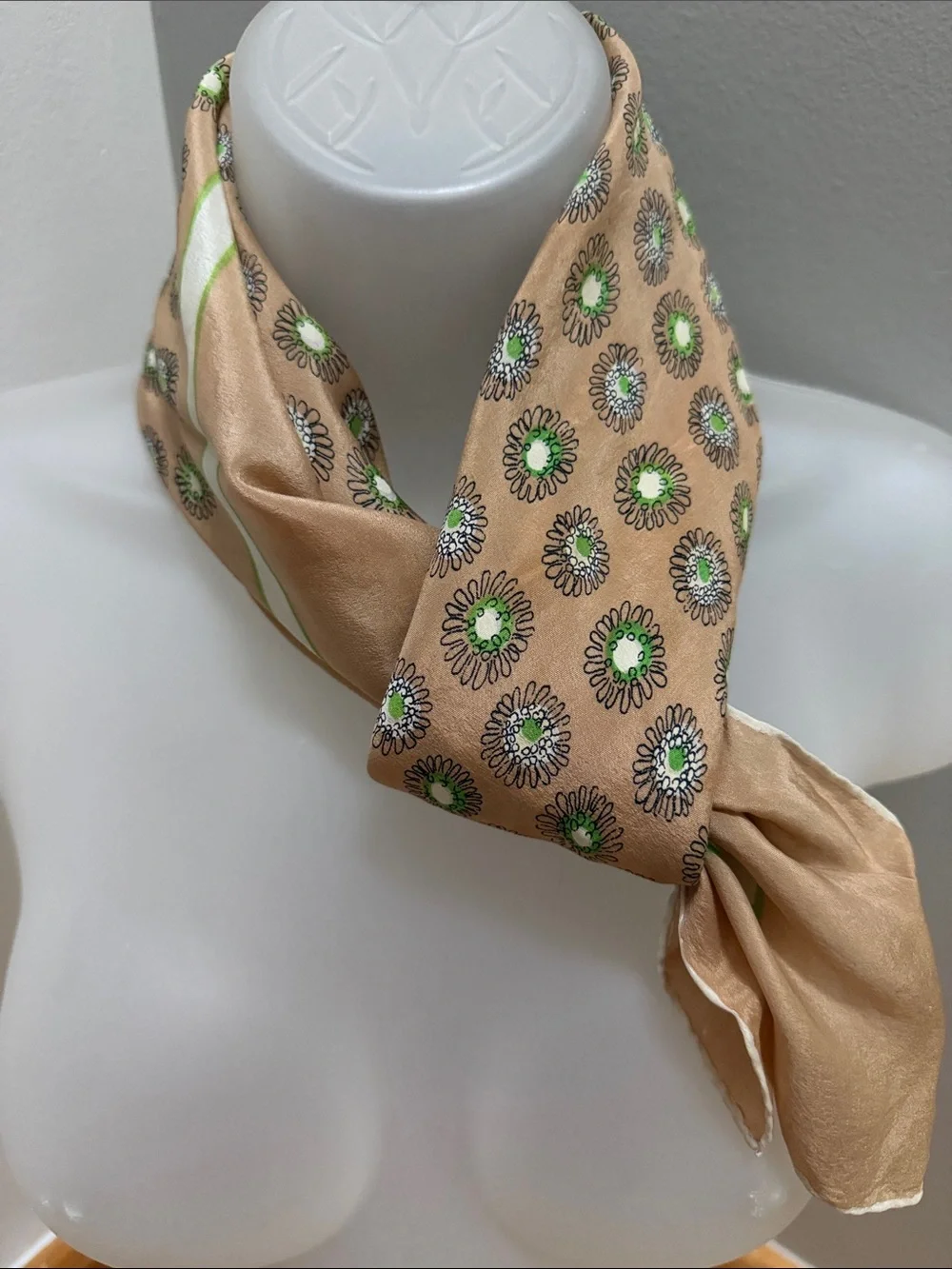 VTG Delicate Glentex 100% Silk Scarf Hand Rolled Japan Daisy Geo Tan Green 50’s